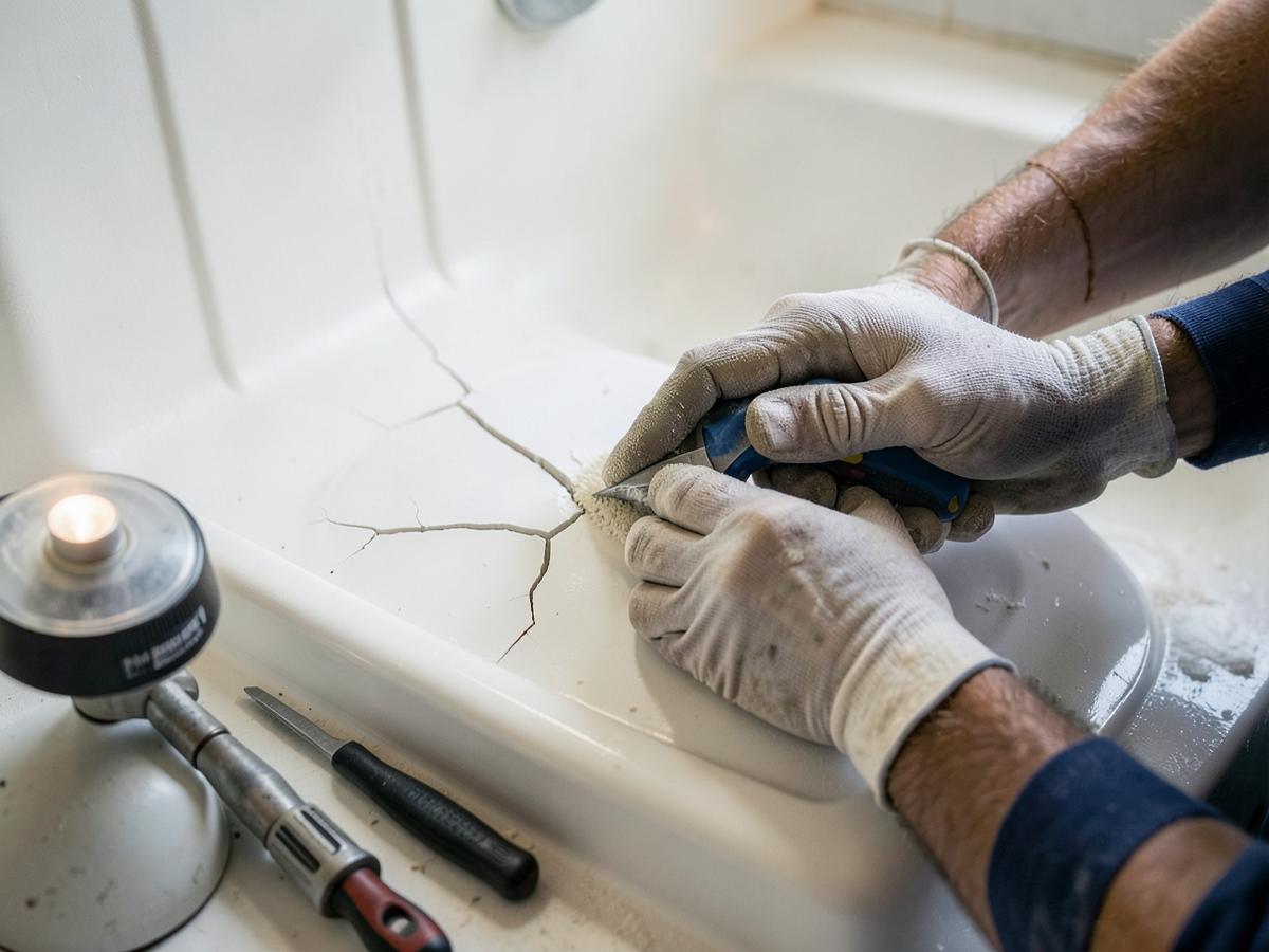 Technician repairing a cracked white fiberglass shower pan with hand tools